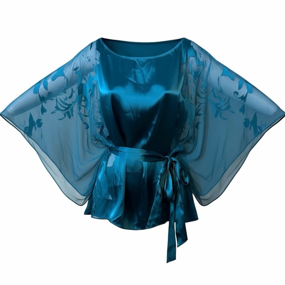 Vintage Cache Flutter Sleeves Teal Silk Blend Sheer Blouse with Tie Waist - Picture 8 of 11